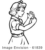 #61839 Clipart Of A Retro Girl Counting Her Fingers In Black And White - Royalty Free Vector Illustration