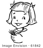 #61842 Clipart Of A Happy Retro Girl Holding Toothpicks In Black And White - Royalty Free Vector Illustration