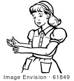 #61849 Clipart Of A Retro Girl Holding Coins In Black And White - Royalty Free Vector Illustration by JVPD
