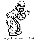 #61874 Clipart Of A Clown Bending Over And Pointing In Black And White - Royalty Free Vector Illustration