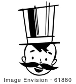 #61880 Clipart Of A Happy Retro Boy With A Mustache And Top Hat In Black And White - Royalty Free Vector Illustration