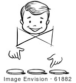 #61882 Clipart Of A Happy Retro Boy Performing A Three Coin Fooler Magic Trick In Black And White - Royalty Free Vector Illustration