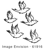 #61916 Clipart Of Five Flying Birds In Black And White - Royalty Free Vector Illustration by JVPD