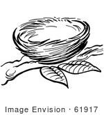 #61917 Clipart Of A Bird Nest On A Branch In Black And White - Royalty Free Vector Illustration by JVPD
