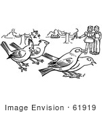 #61919 Clipart Of Children Watching Birds In A Park In Black And White - Royalty Free Vector Illustration
