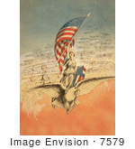 #7579 Picture Of Columbia On An Eagle Holding Flag Followed By Airplanes