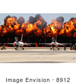 #8912 Picture Of A Wall Of Flames Behind F-16 Fighter Jets