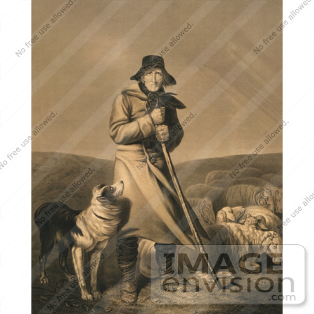 #10749 Picture of a Shepherd in the Wind With His Dog and Sheep by JVPD