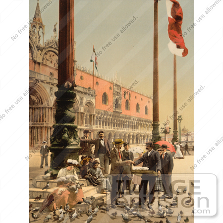 #11614 Picture of People Feeding Birds Near Doges’ Palace and Columns, Venice by JVPD