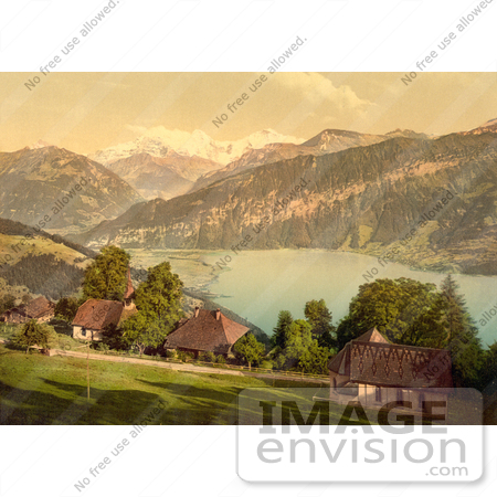 #11714 Picture of Homes, Church, Lake Thun and Mountains, Switzerland by JVPD