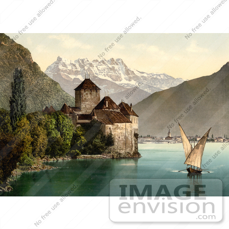 #11742 Picture of a Boat and Dents du Midi by Chillon Castle by JVPD