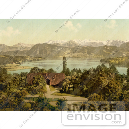 #11896 Picture of a House on Lake Lucerne, Swiss Alps in the Background by JVPD