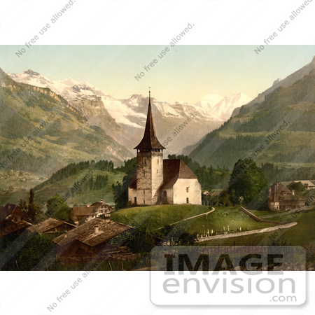 #11986 Picture of a Church and Swiss Alps, Frutigen, Switzerland by JVPD
