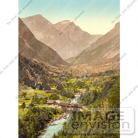 #11999 Picture of a Covered Bridge Over a River in a Valley, Switzerland by JVPD