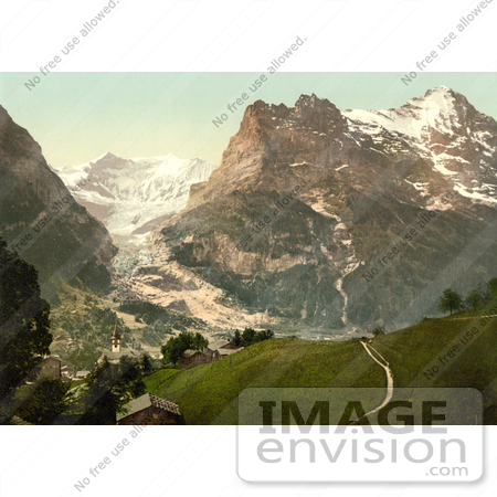 #12001 Picture of a Church With a View of Eiger Mountain Baregg Glacier by JVPD