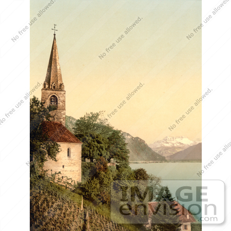 #12049 Picture of a Church on Geneva Lake, Dent du Midi Mountains by JVPD