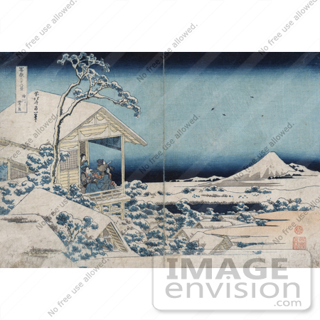 #12309 Photo of a Man and Women on a Balcony, Viewing Mount Fuji in a Snowy Landscape, Japan by JVPD