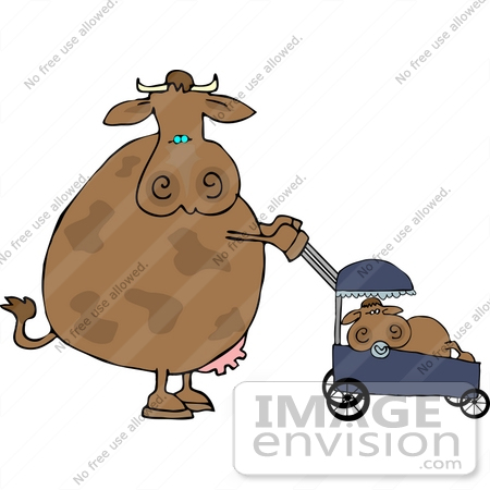 #12408 Mother Cow Pushing Her Calf in a Stroller Clipart by DJArt