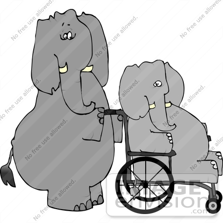 #12654 Elephant in a Wheelchair Being Pushed by Another Clipart by DJArt