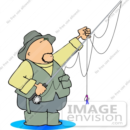 #13029 Caucasian Man in Hat and Vest, Wading in Water, Flyfishing Clipart by DJArt