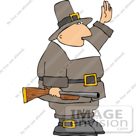 #13081 Pilgrim Holding a Rifle, One Hand in the Air Clipart by DJArt