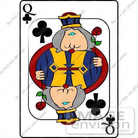 #13225 Playing Card of the Queen of Clubs Holding a Rose Clipart by DJArt