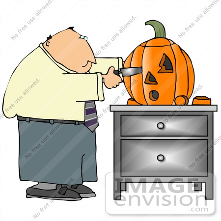 #13274 Middle Aged Caucasian Business Man Carving a Halloween Pumpkin Clipart by DJArt