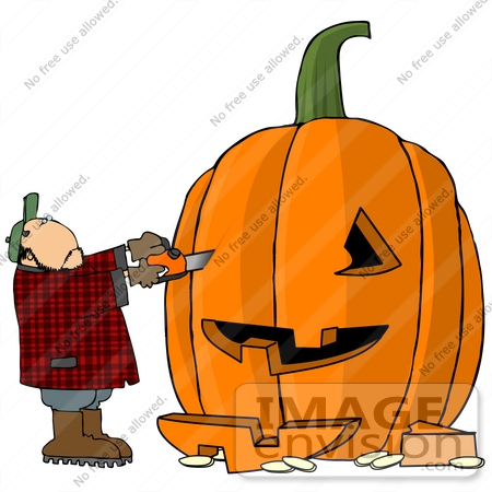 #13275 Middle Aged Caucasian Man Carving a Halloween Pumpkin With a Chainsaw Clipart by DJArt