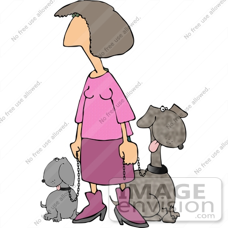 #13325 Woman in Pink Walking Two Dogs Clipart by DJArt