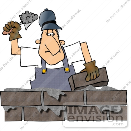 #13335 Middle Aged Caucasian Brick Mason Man Laying Bricks Clipart by DJArt