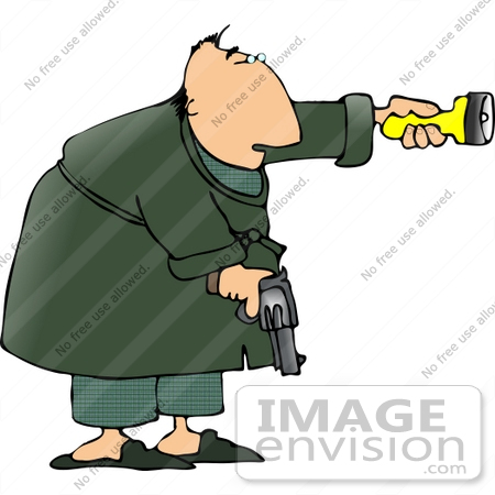 #13343 Middle Aged Man in Robe, Holding a Gun and Flashlight Clipart by DJArt