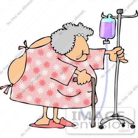 #13352 Senior Woman in Hospital Gown, Using Cane and IV Clipart by DJArt