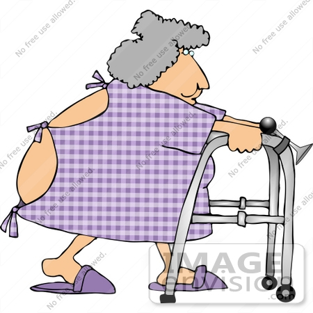 #13356 Elderly Woman in Hospital Gown, Using a Walker Clipart by DJArt