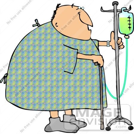 #13378 Senior Caucasian Man in a Hospital Gown With Cane and IVs Clipart by DJArt