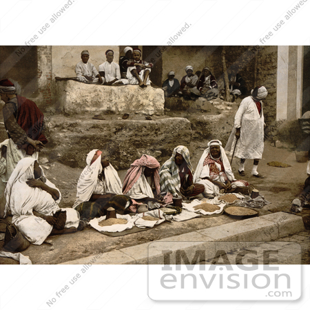#13455 Picture of Couscous Vendors Sitting Cross Legged at an Arabian Cafe, Tunis, by JVPD