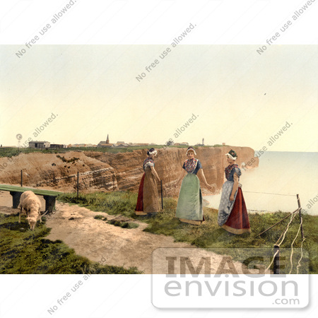 #13634 Picture of Three Women by a Cliff With a Goat, Heligoland, Germany by JVPD