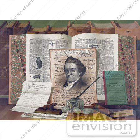 #1373 Photo of a Portrait of Noah Webster on a Desk by Ink and Books by JVPD