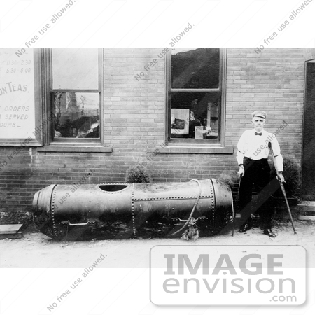 #13738 Picture of Bobby Leach on Crutches by His Barrel That he Went Over Niagara by JVPD