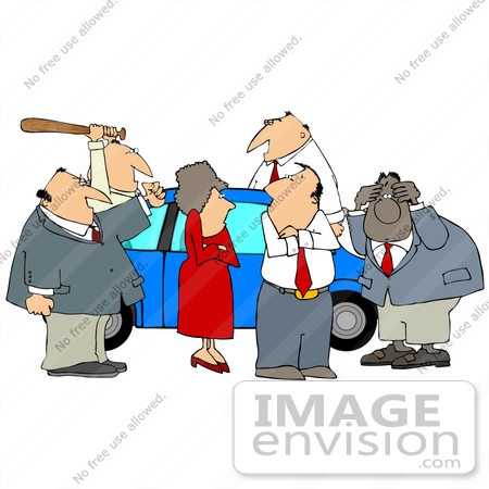 #14090 Business People Standing by and Beating up a Broken Down Jalopy Lemon Car With a Bat Clipart by DJArt