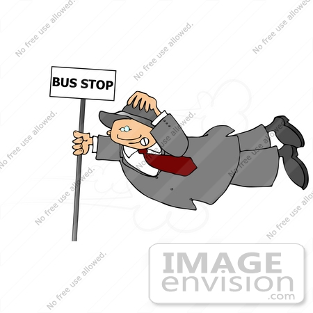 #14202 Man Being Blown in the Wind And Holding Onto a Bus Stop Sign Clipart by DJArt