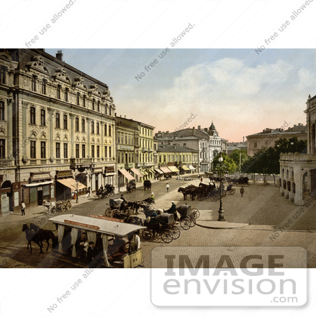 #14381 Picture of Horse Drawn Carriages and Trolly, Theaterplatz, Bukharest, Rouma by JVPD