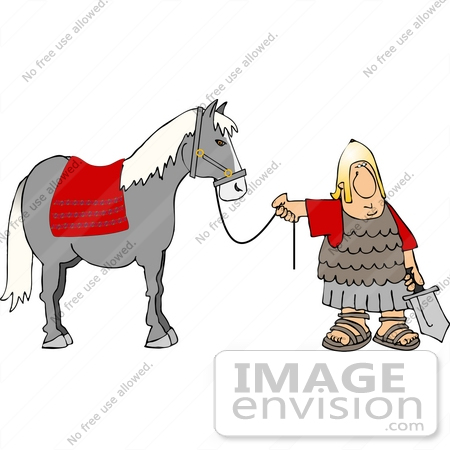 #14443 Roman Solder Holding a Sword and the Reins to His Horse Clipart by DJArt