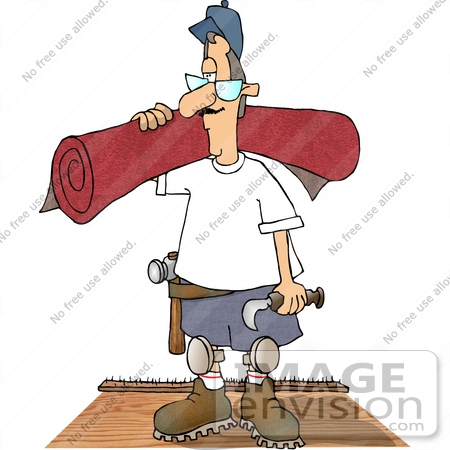 #14486 Middle Aged Carpet Layer Man About to Lay Down Red Carpeting Clipart by DJArt