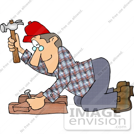 #14487 Carpenter Man Hammering a Nail Into Wood Clipart by DJArt