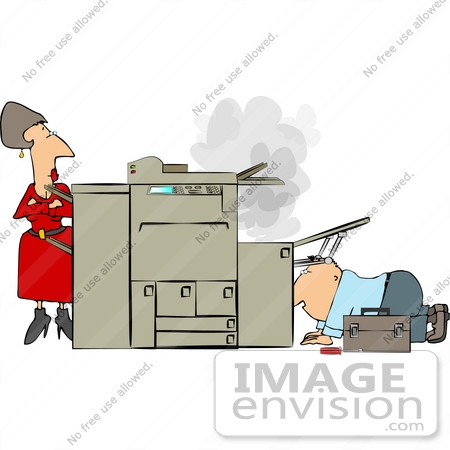 #14501 Sectretary Woman Watching a Man Repair a Smoking Copy Machine Clipart by DJArt