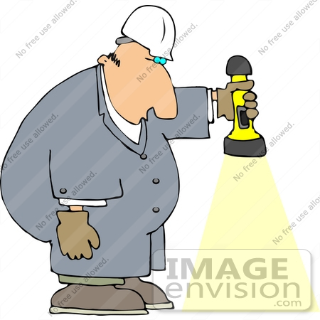 #14505 Middle Aged Caucasian Man in Coveralls, Shining a Flashlight Downwards Clipart by DJArt