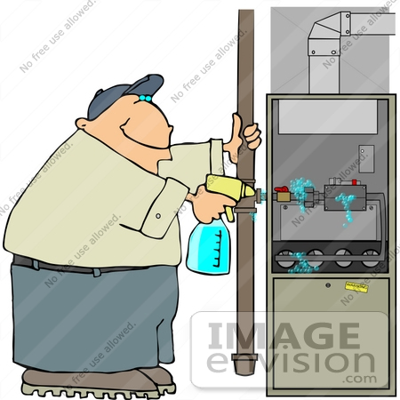 #14508 Middle Aged Caucasian Man Checking a Furnace For Gas Leaks Clipart by DJArt