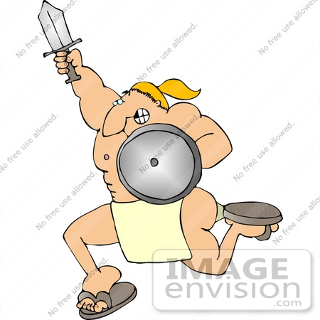 #14529 Male Soldier in Sandals, Running With a Sword and Shield Clipart by DJArt