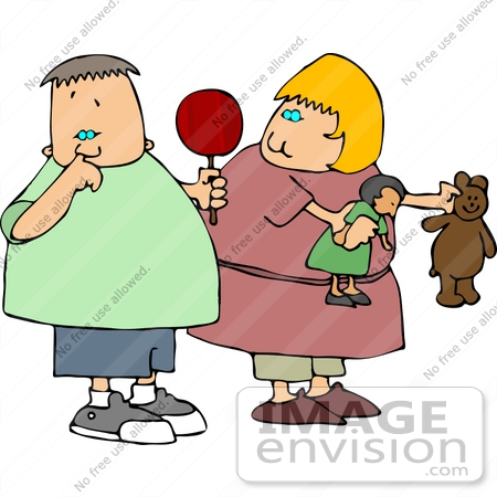 #14538 Boy Holding a Sucker, Picking His Nose, Girl Holding a Doll and Teddy Bear Clipart by DJArt