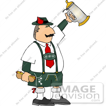 #14548 German Man Holding a Sausage in a Bun and a Beer Stein Clipart by DJArt